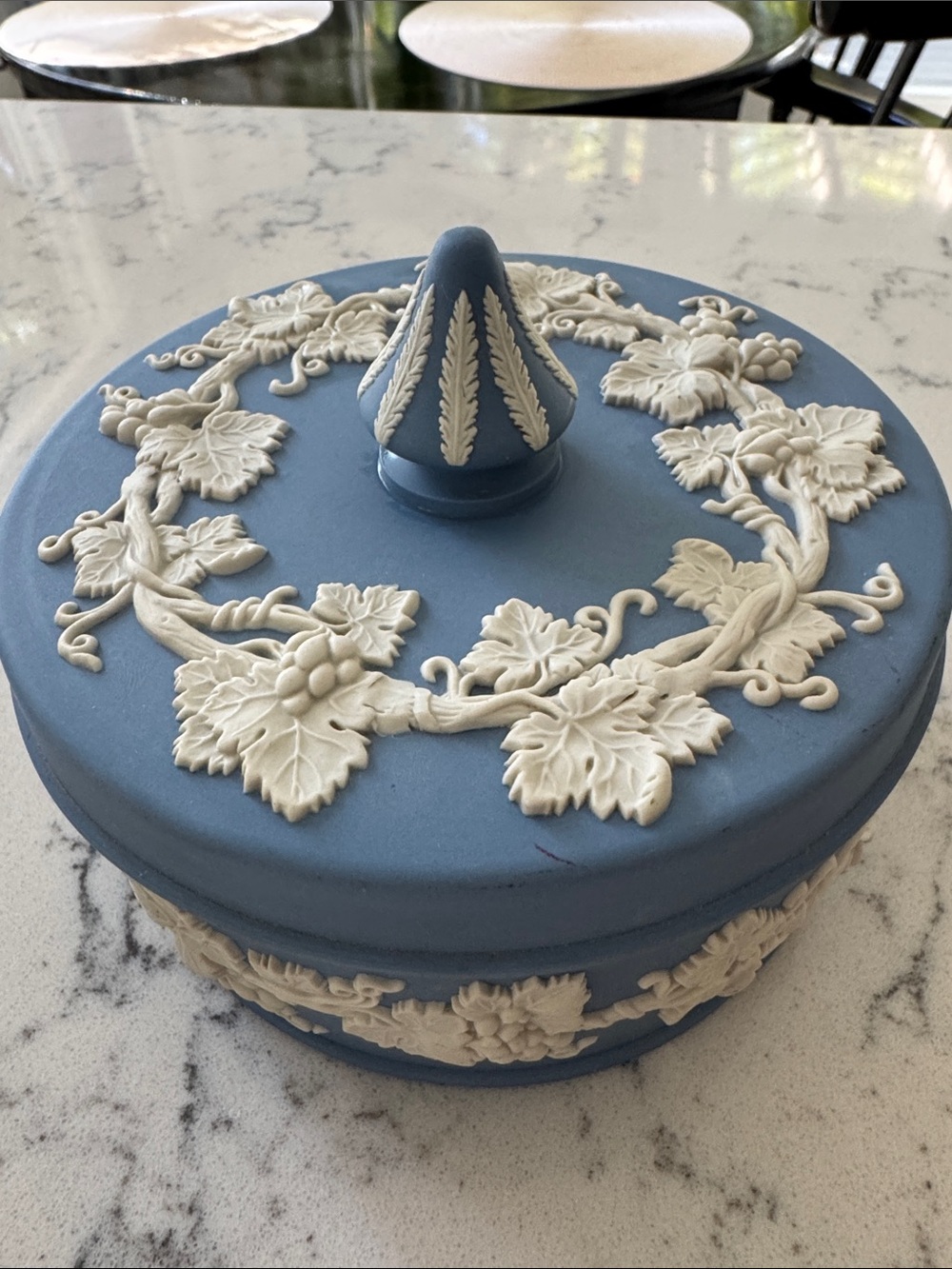 Blue Jasperware porcelien Decorative Covered jar with White grapes carved